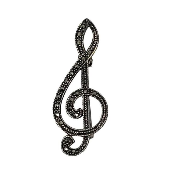Vintage Signed MA Michael Anthony Sterling Silver Marcasite Treble Clef Brooch - Picture 1 of 9
